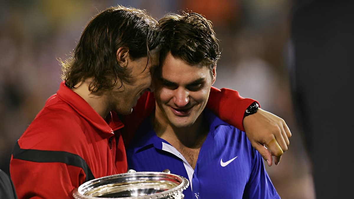 Rafael Nadal consoles Roger Federer after the 2009 Australian Open final.